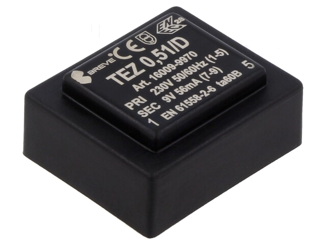 Transformator: ingegoten; 0,5VA; 230VAC; 9V; PCB; IP00; A: 28mm; TEZ Transformator: ingegoten; 0,5VA; 230VAC; 9V; PCB; IP00; A: 28mm; TEZ